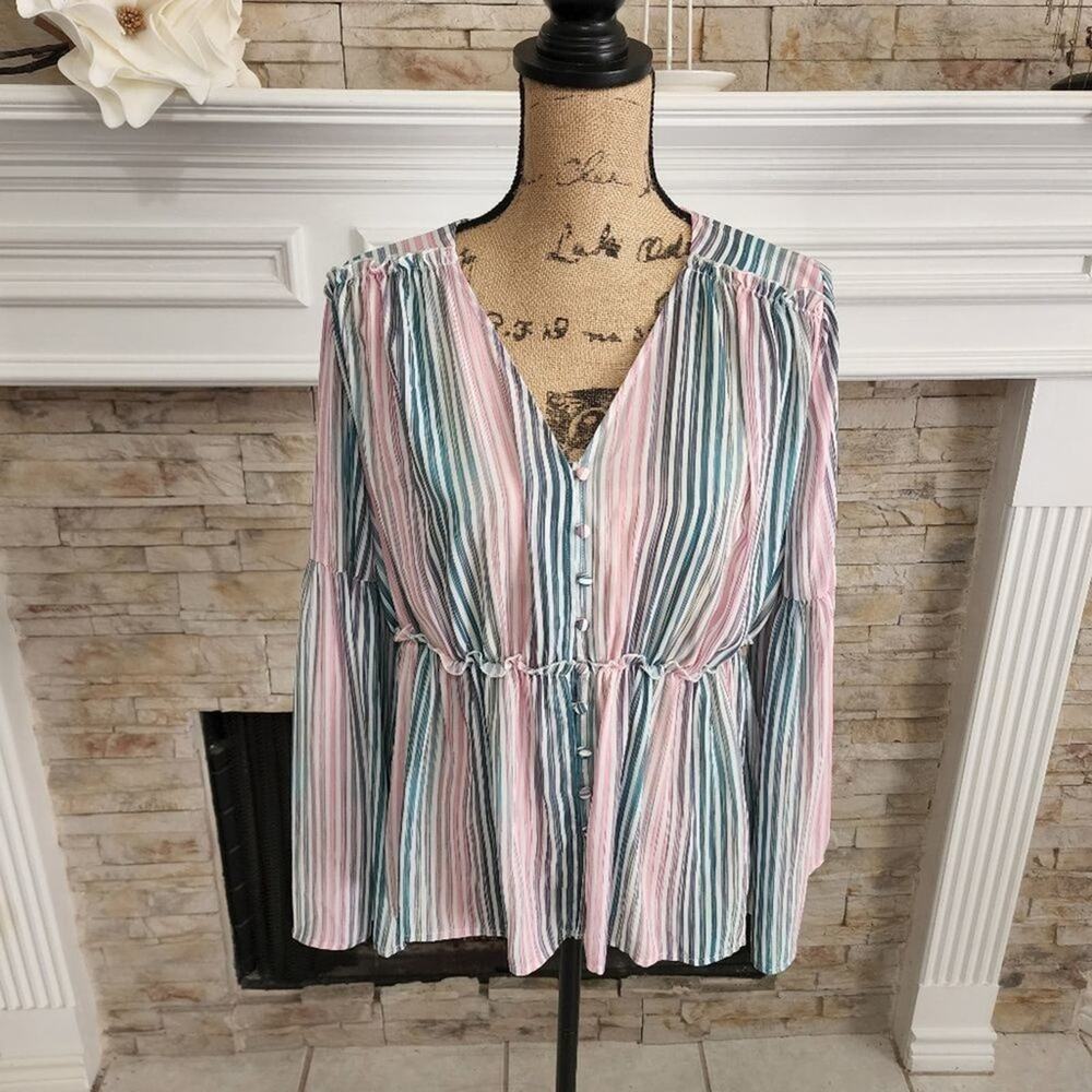 CATHERINE Malandrino striped bell sleeve peplum babydoll blouse size small